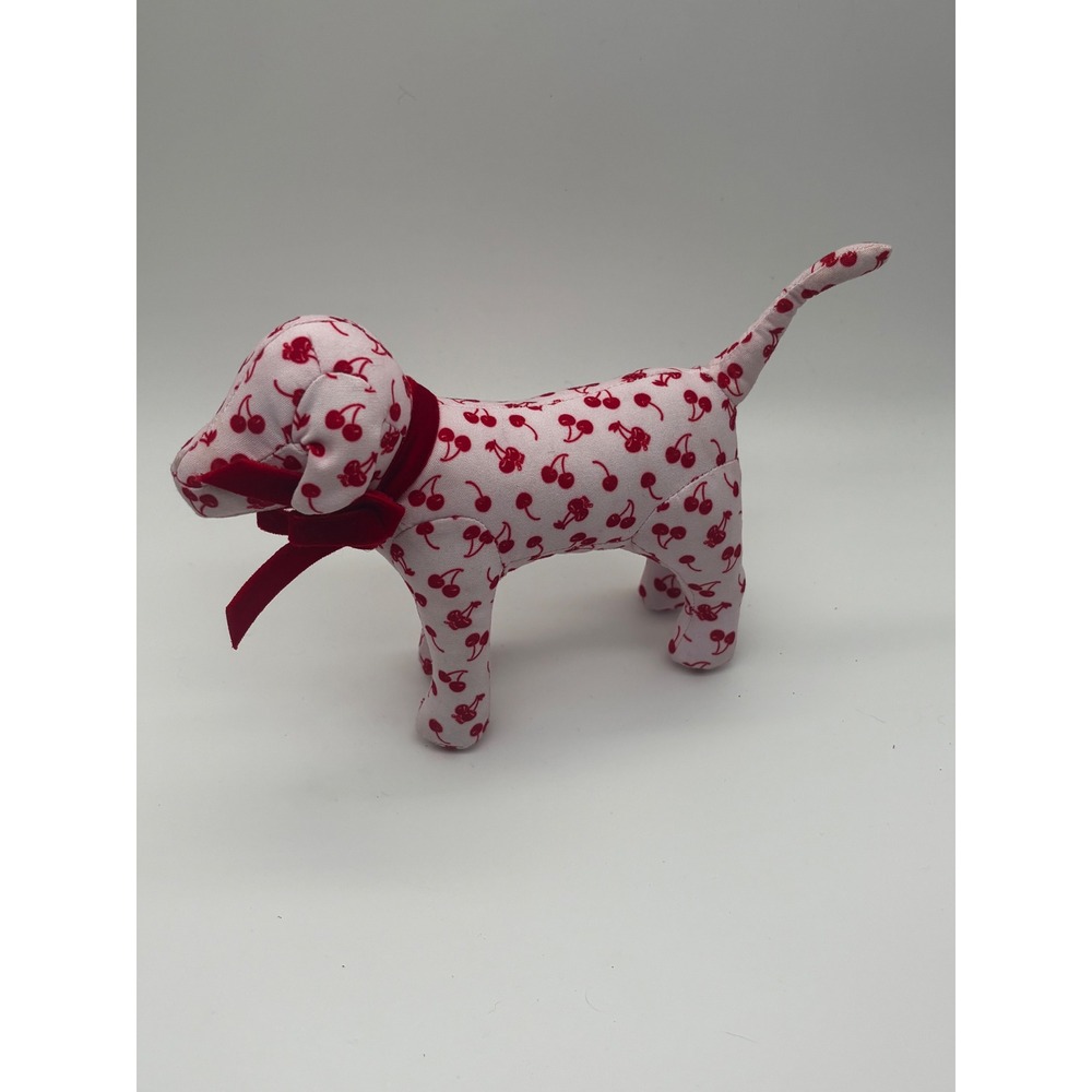 Victoria's Secret PINK Plush Dog OS Pink Red Cherry Print Velvet Bow Collectible